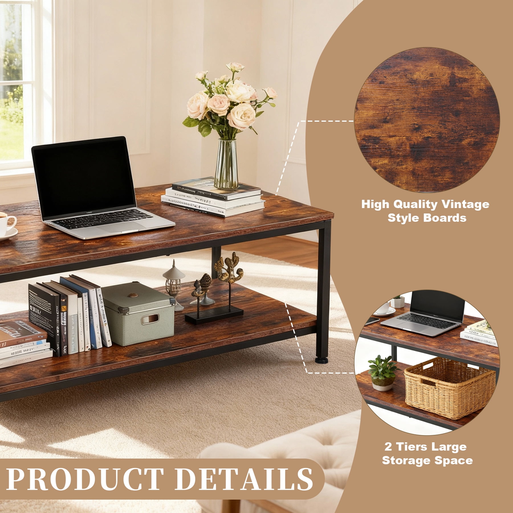 HomGarden 39.4" Modern Rectangle 2-Tier Coffee Table Wood Cocktail Table Home Office, Rustic Brown