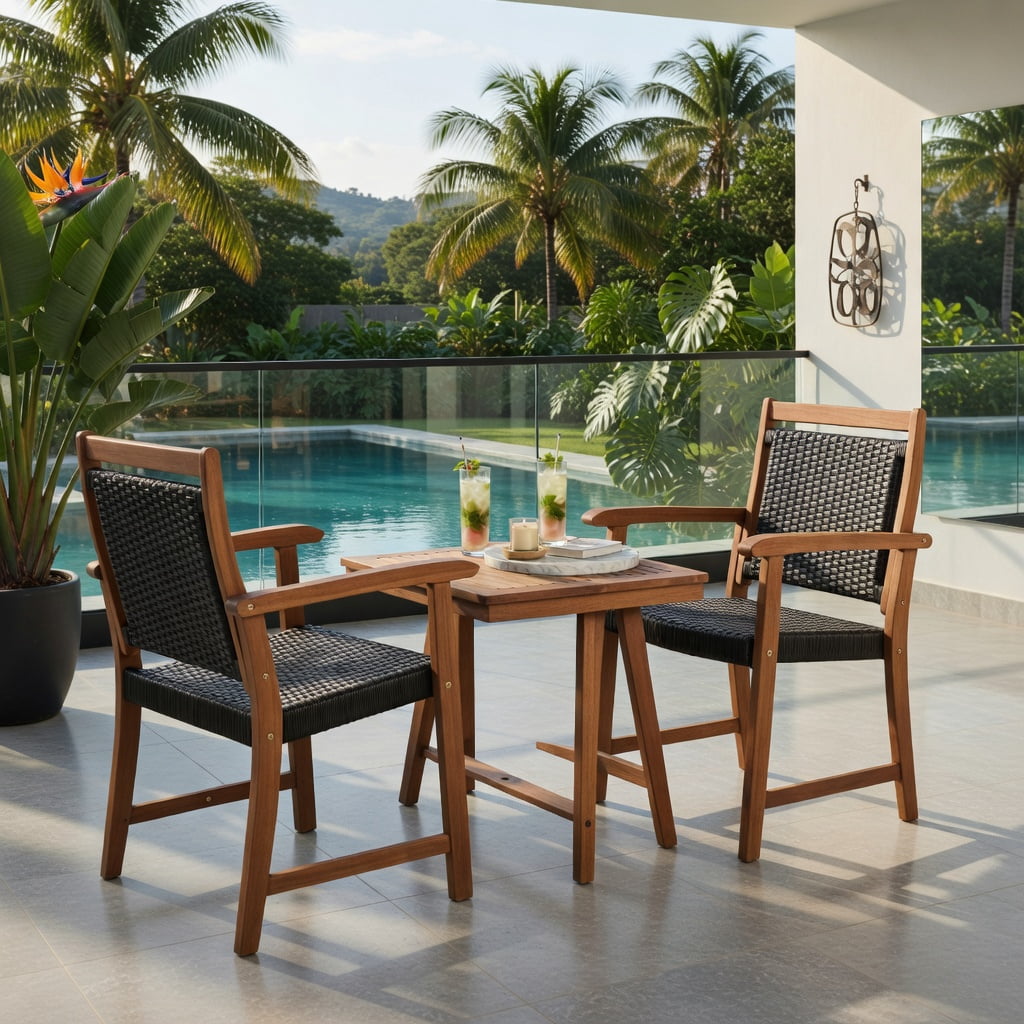 Hommoo 2-Piece Outdoor Patio Seating Set with Acacia Wood Frame & PE Rattan Chairs + Coffee Table, All-Weather Garden Sofa Set for Deck, Backyard, or Balcony, Reddish Brown