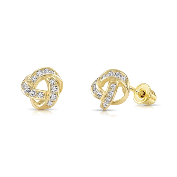 Tilo Jewelry 14K Yellow Gold Dainty Love Knot Stud Earrings with Cubic Zirconia CZ Stones | Secure Screw-Backs | Classic Everyday Earrings for Women & Unisex