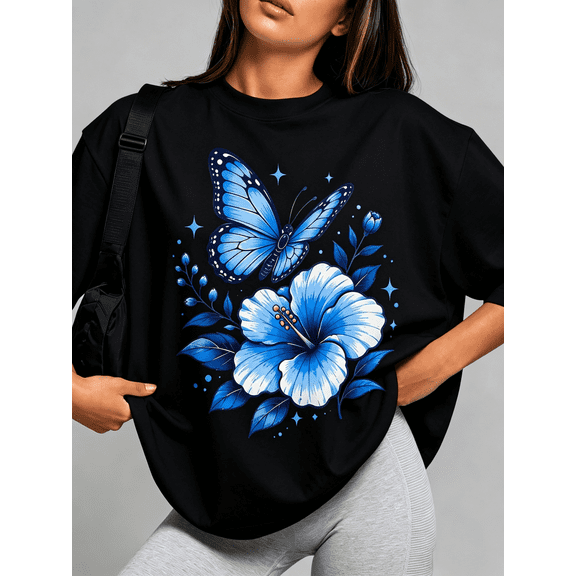 Blue Monarch Butterfly Hibiscus Floral Graphic T-Shirt Women Tropical Flower Sparkle Star Botanical Short Sleeve Casual Tee