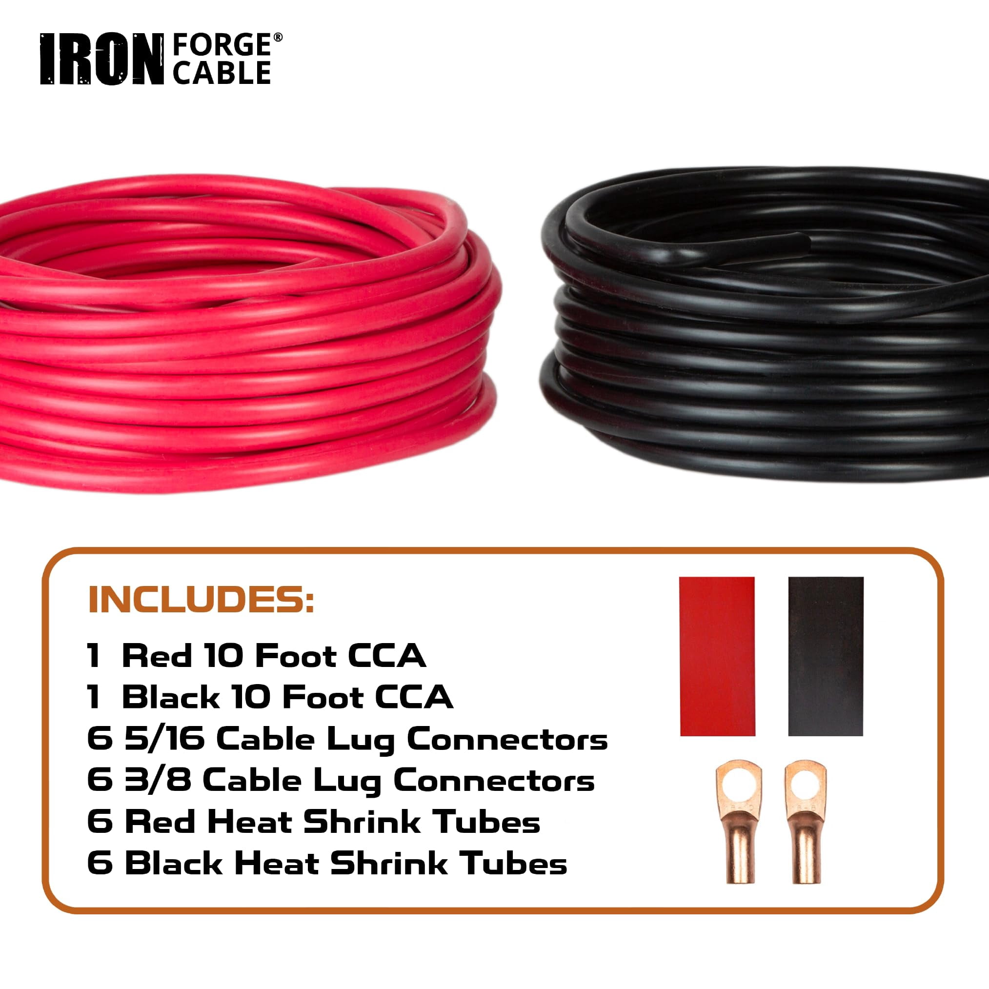Iron Forge Cable 6 Gauge Wire - 2 Pack 10ft Copper Clad Aluminum Primary Cable 6 AWG Heavy Duty with Wire Lug Terminal Connectors and Heat Shrink Tube