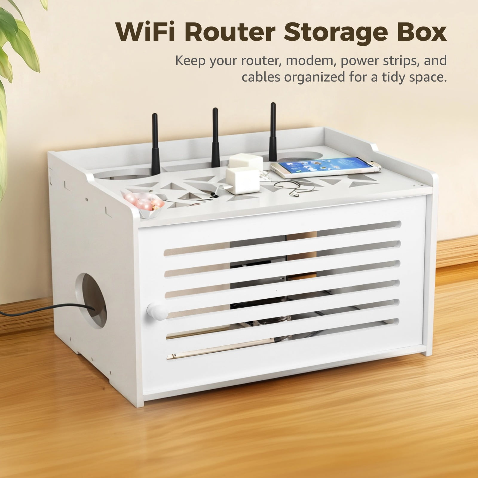 Router Shelf Storage, WiFi Router Storage Box, Router Hider and Cable Organizer, Large PVC Router Management Rack for Modem, Power Strips, 14.6×10.6×9.1"