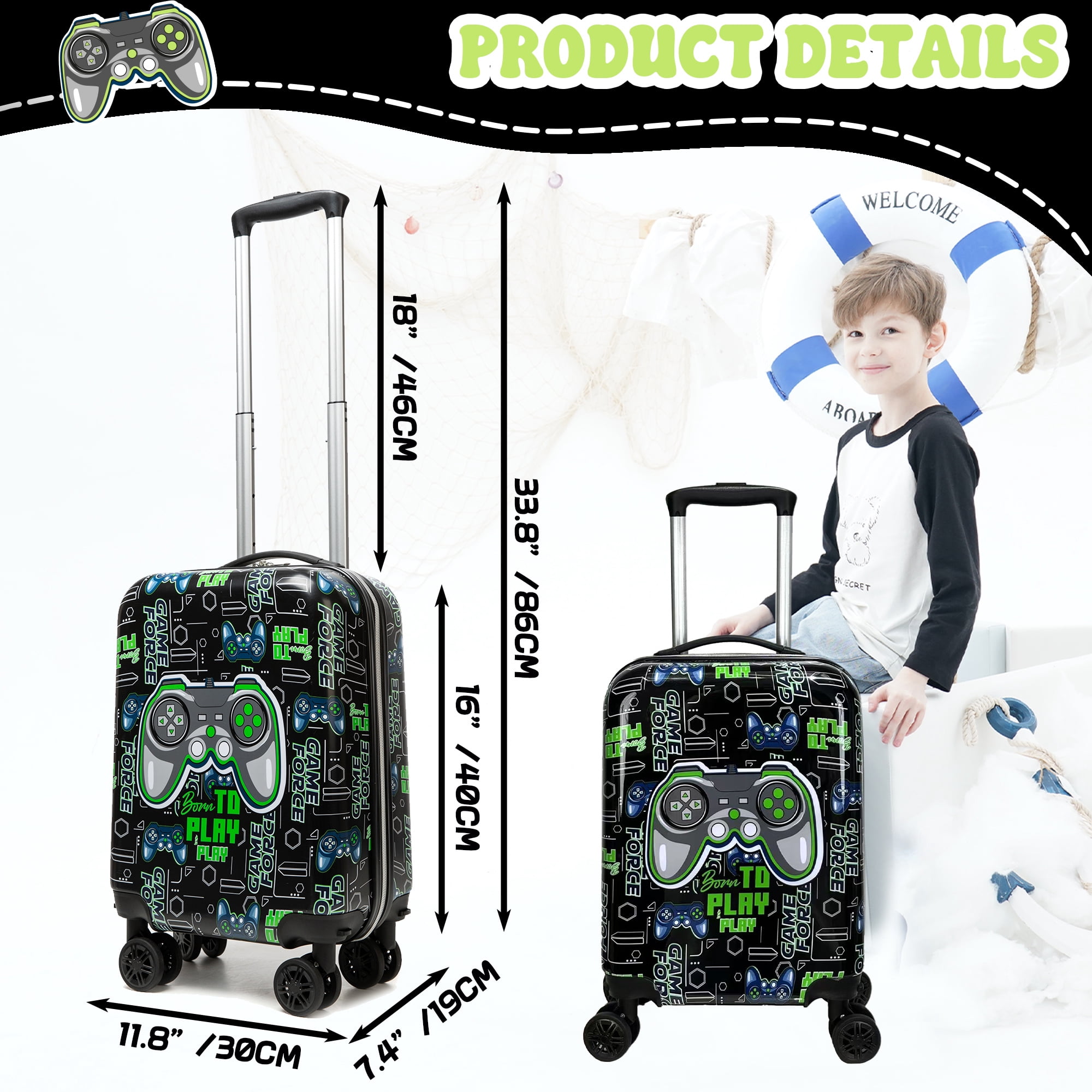 Kids Carry on Luggage Sets for Boys with Travel Pillow Rolling Suitcase with Wheels Hardshell Toddler Travel Essential Set of 5