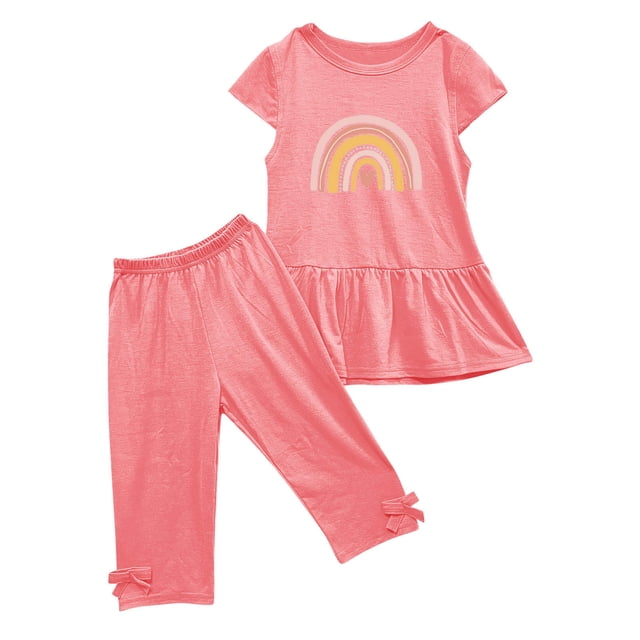 Birdeem Chemises pour Filles Été Col Rond Petit Imprimé Manches Courtes Manches Volantes Taille Élastique Pantalon Court Ensemble Deux Pièces