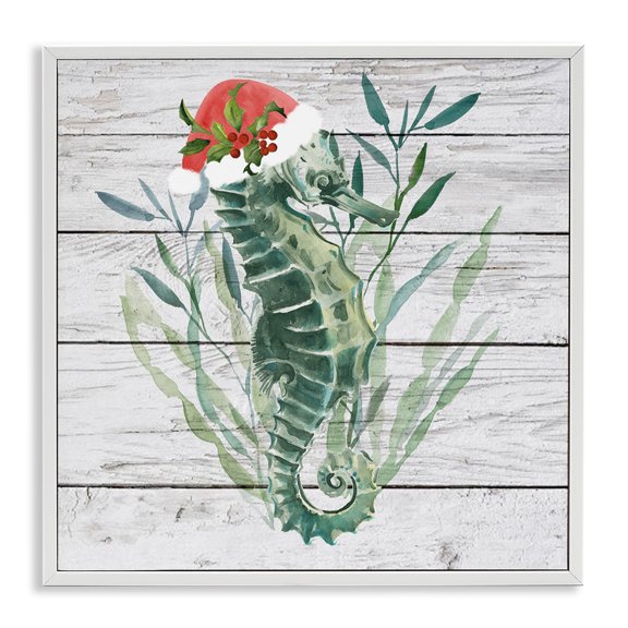 Stupell Industries Christmas Seahorse with Santa Hat Nature Painting White Framed Art Print Wall Art, 24 x 24