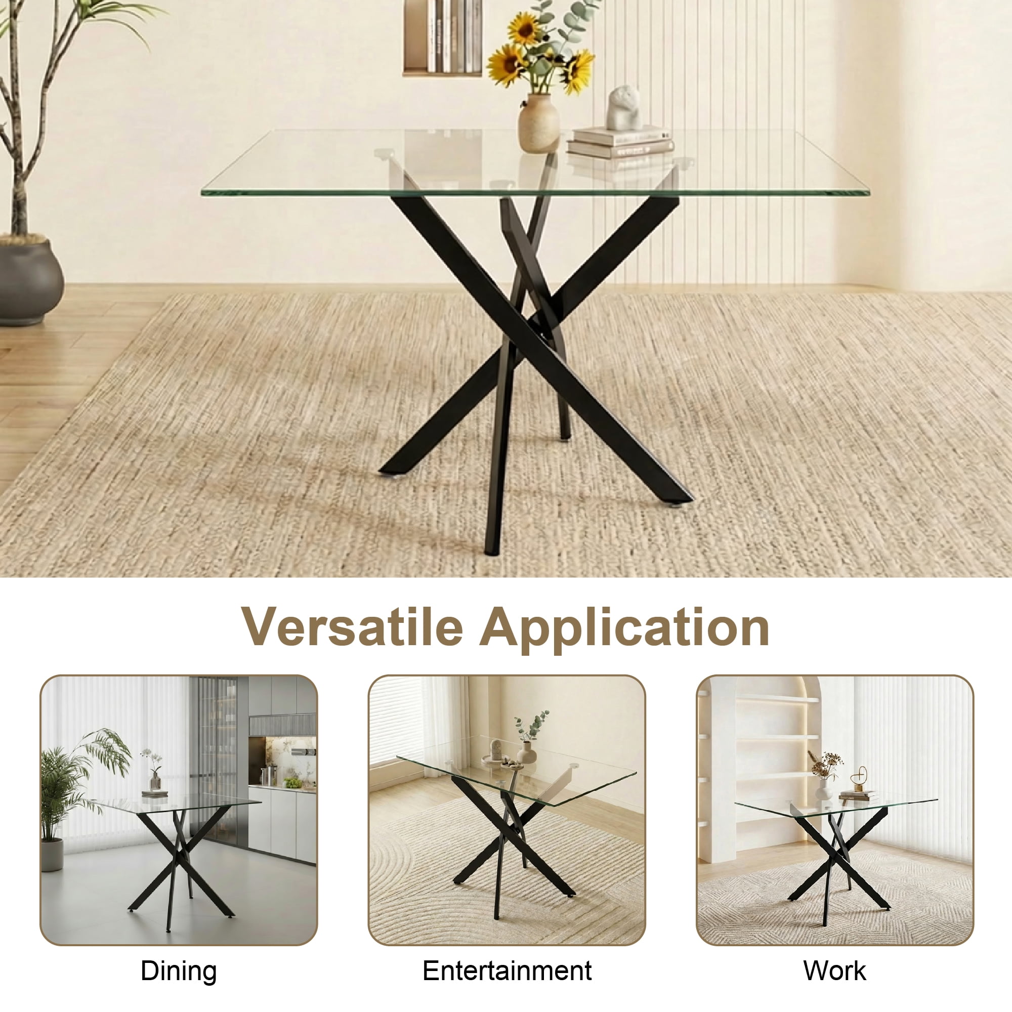 Garitin Dining Table and Rectangular Glass Top Kitchen Table 47.24 Inch, Modern Center Table with Black Metal Legs for Dining Room, Black