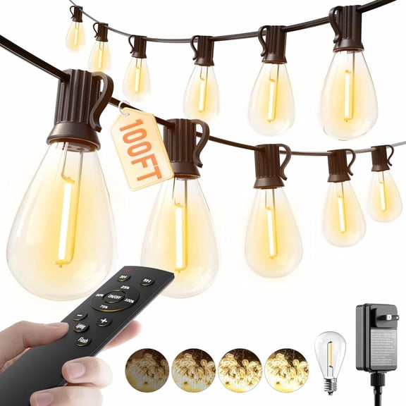 100FT LED Outdoor String Lights with Remote, 35  1 Shatterproof Bulbs Waterproof and Dimmable Patio Lights for Porch, Garden, Backyard, Deck, Balcony, 2700K Hanging Lighting