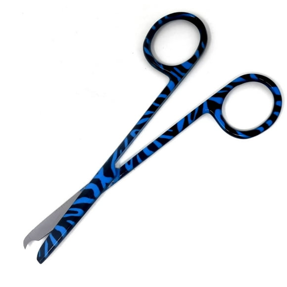 Stitch Scissors 4.5" with One Hook Blade, Stainless Steel, Blue Zebra Pattern