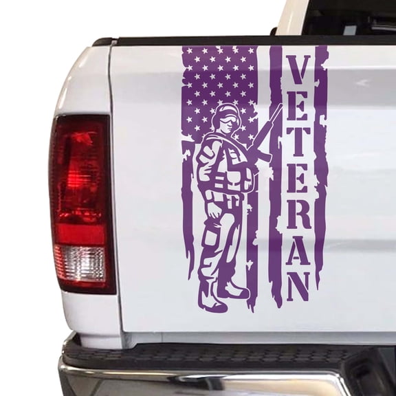 Soldier Veteran Enlisted Man Retired U.S. Army USAF USMC Distressed American US USA Flag Truck Tailgate Vinyl Decal fits Most Pickup Trucks Military Sticker (11" x 20", Violet)