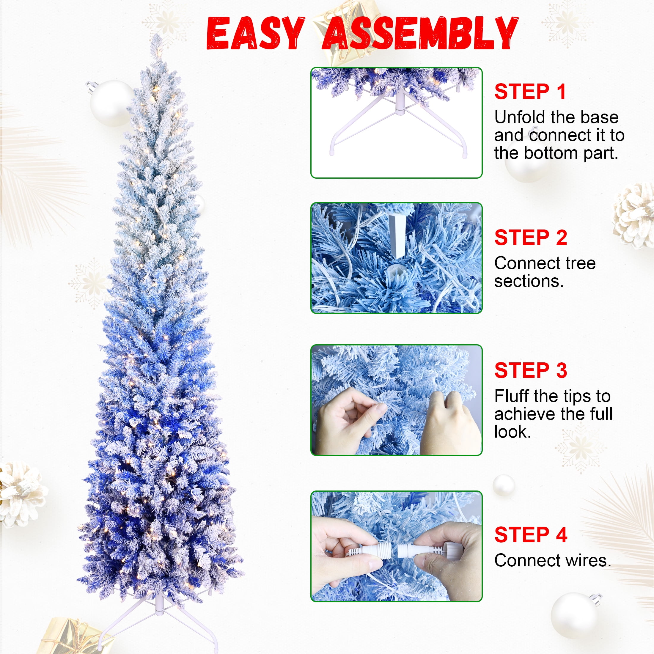6ft Blue Gradient Flocked Pencil Christmas Tree 725 Tips 300 LED Lights Hinged Branches Metal Stand
