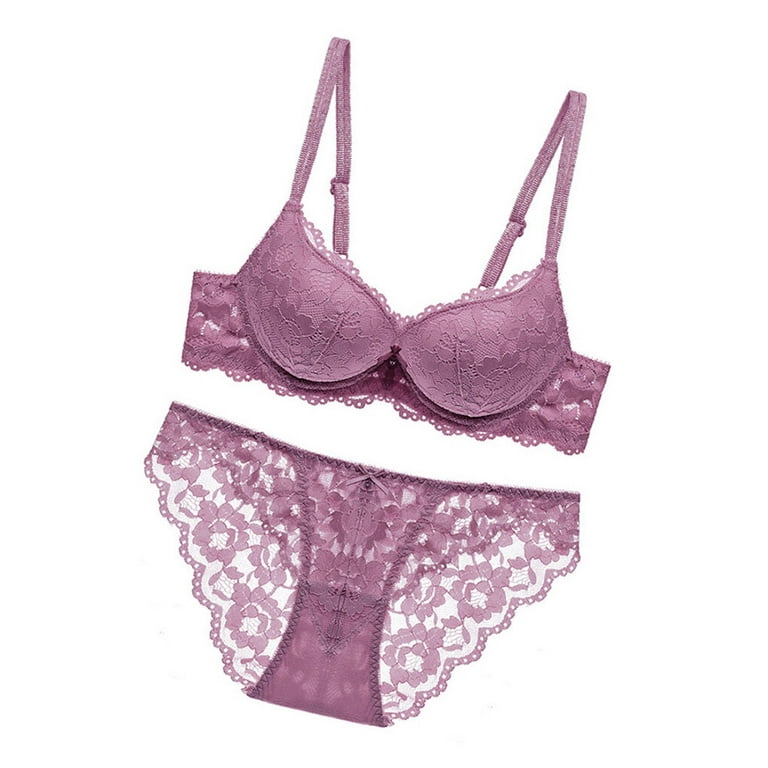Linyer Lace Bra Set Push up Adjustable Girls Underwear Hollow Breathable  Lingerie Purple 32/70B