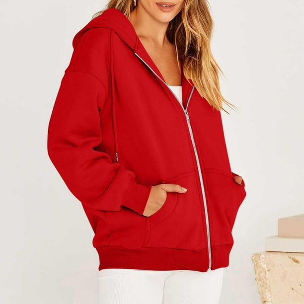 Sudadera Oversized Con Cremallera - Rojo Vino, Manga Larga, Poliéster, Diario