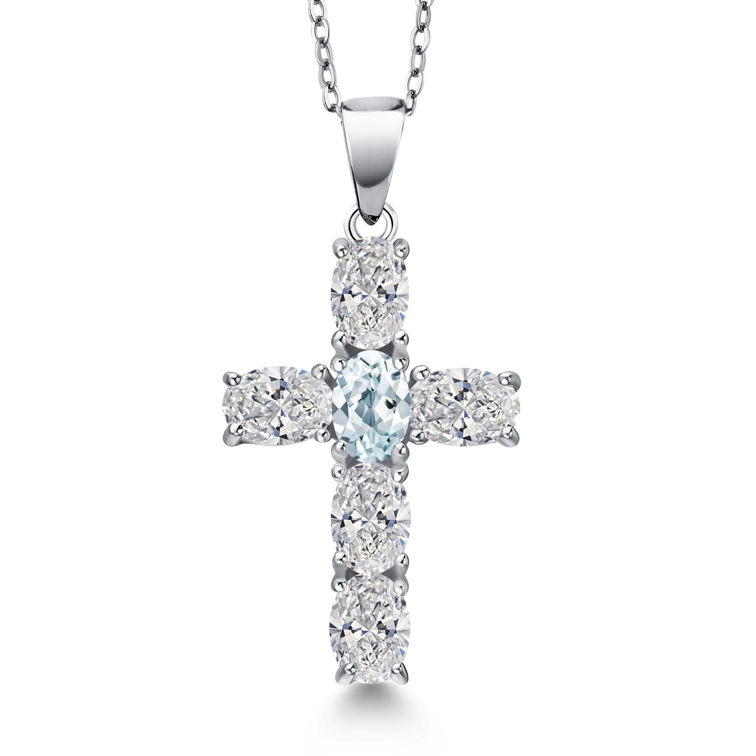Gem Stone King 925 Sterling Silver Lab Grown Diamond and Sky Blue Aquamarine Cross Pendant Necklace for Women | 2.50 Cttw | Gemstone April Birthstone | Oval 6X4MM | With 18 inch Chain