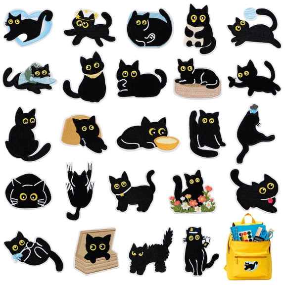Neasyth 24 Pcs Embroidered Black Cat Iron On Patches, Cartoon Cute Cat Iron on or Sew on Patch Applique for Clothes, Dress, Hat, DIY Accessories