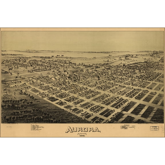24"x36" Gallery Poster, birdseye view map of Aurora, Missouri 1891