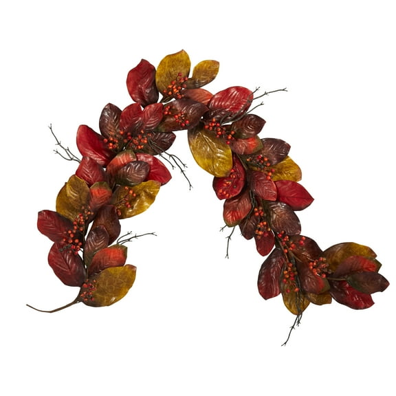 Nearly Natural 6' Harvest Magnolia Leaf with Berries Artificial Garland, Orange