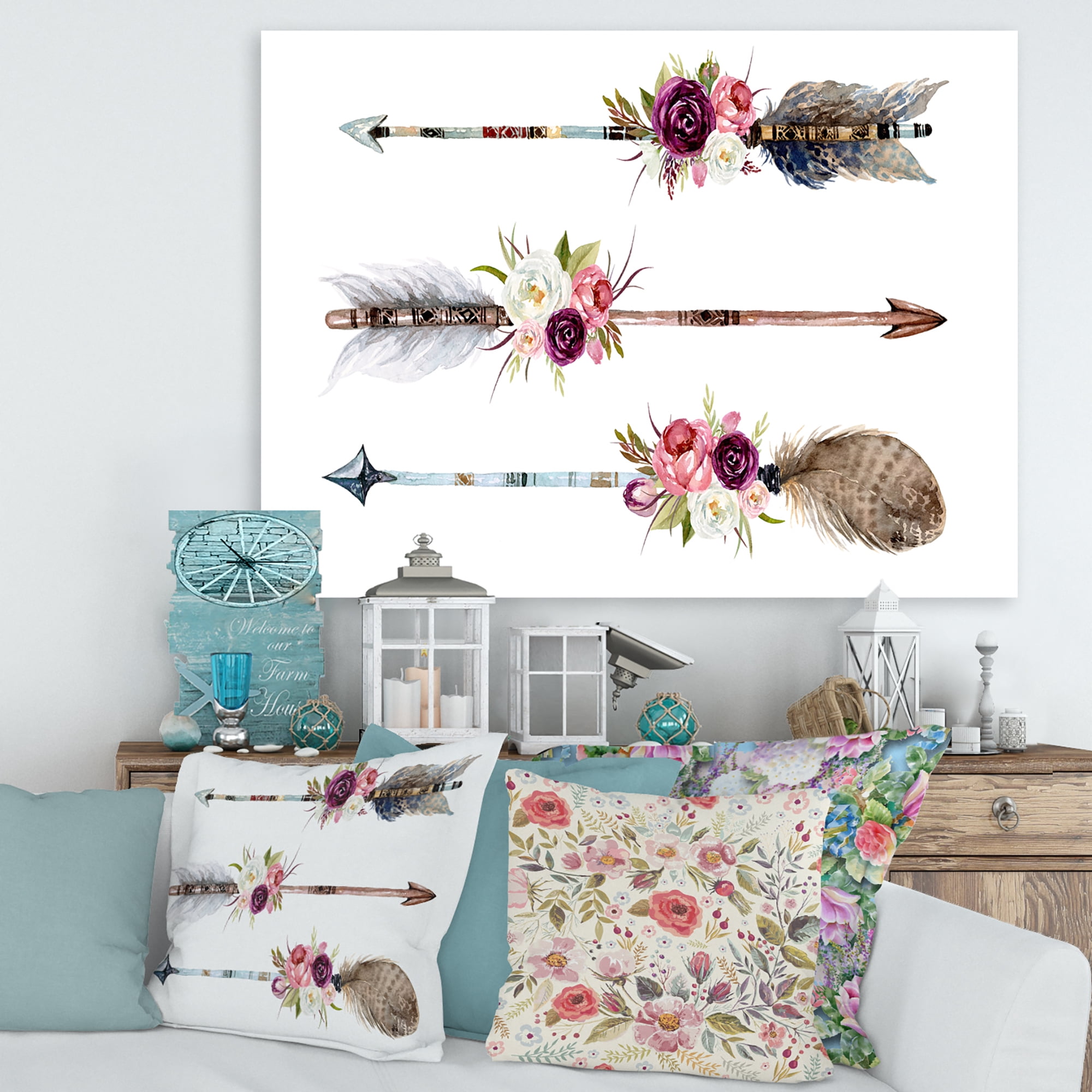 Flowers and Ethnic Feathers On Native Arrows III 8 in x 12 in Painting Canvas Art Print, by Designart