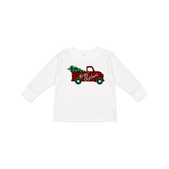 Inktastic Merry Christmas Red Buffalo Plaid Truck with Tree Boys or Girls Long Sleeve Toddler T-Shirt