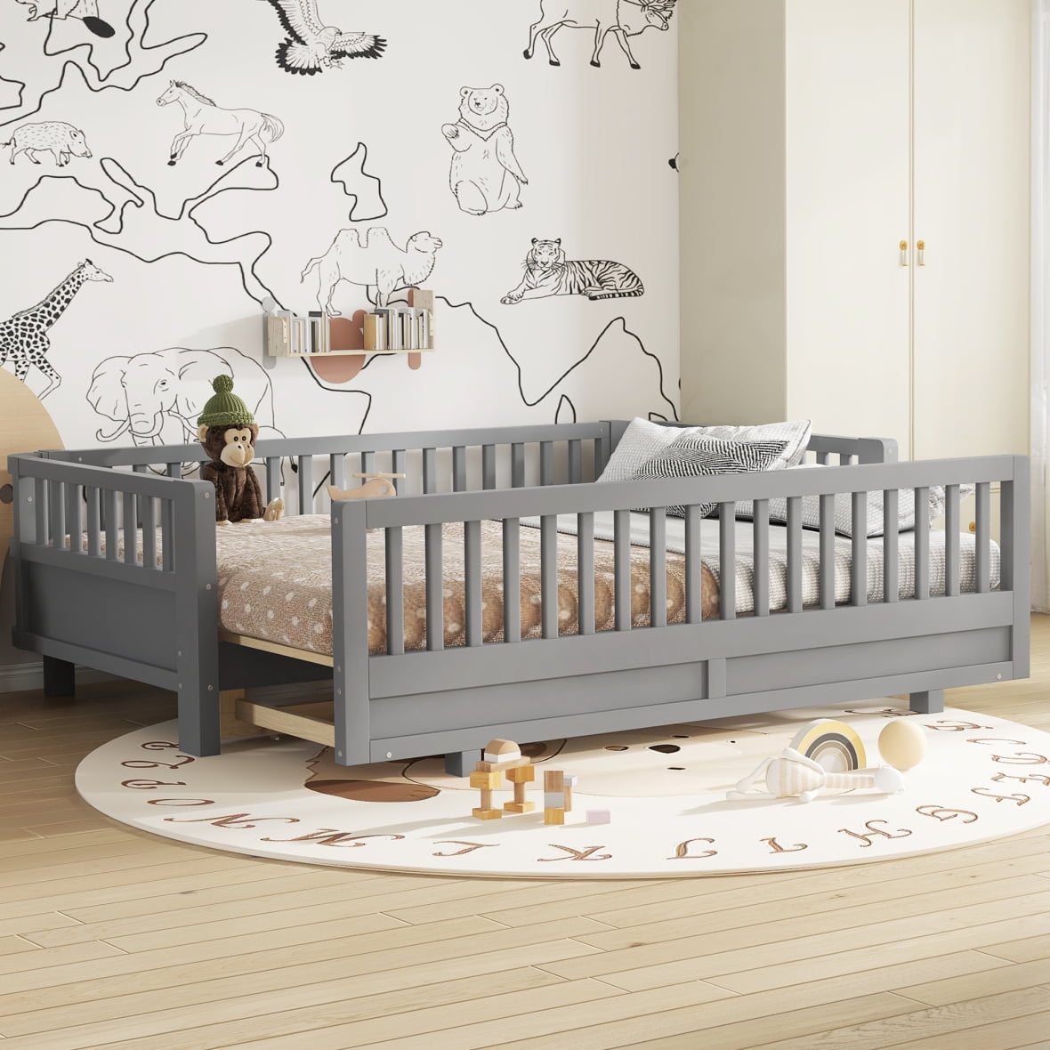 Twin XL Montessori Floor Bed or Queen Platform Bed for Kids, Solid Wood Twin XL Bed Frame with Guardrails, 2-in-1 Convertible Toddler Bed Frame, Grey