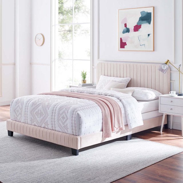 Modway Celine Lit Simple en Velours de Performance Capitonné à Canaux, Rose