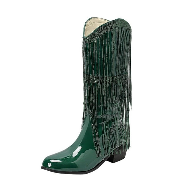 Bottes d'Hiver Vertes pour Femmes avec Détail à Franges et Bout Pointu pour un Style Décontracté et Tendance
