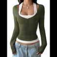 thumbnail image 3 of Camisetas Henley de Larga para Mujer, Blusa Básica Informal de Punto Acanalado con Botones y Corte Ajustado. Verde Oliva XL, 3 of 7