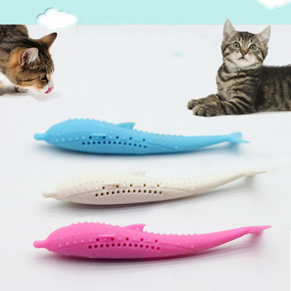 Cat Catnip Toy Cat Toothbrush Chew Toy Interactive Cat Fish Shape Toothbrush Refillable Catnip Simulation Fish Silicone Teeth Cleaning Chew Pet Supplies for Kitten Kitty Cats Catnip Toys 