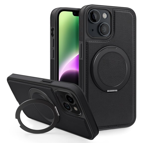 Allytechgroup Magnetic Case for iPhone 14 Plus, Built-in Invisible 360° Rotatable Kickstand, Compatible with MagSafe, PU Leather Slim Shockproof Protective Phone Case Cover, Black