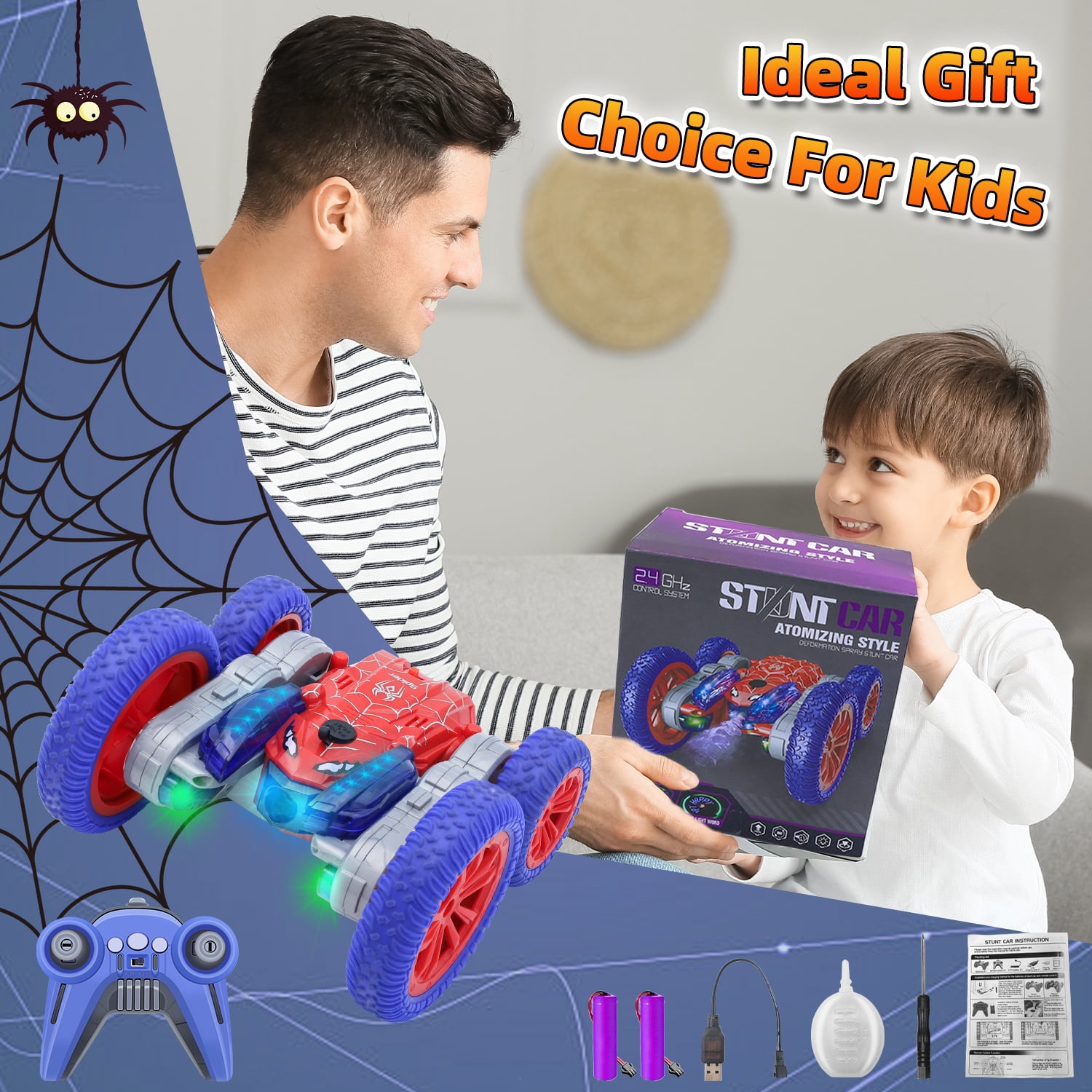 Spider Remote Control Car - 2.4Ghz 4WD RC Stunt Car with 360° Rotation Displays 4 LED Texts, Spray Function, LED Lights, Rechargeable Battery, for Boys and Girls