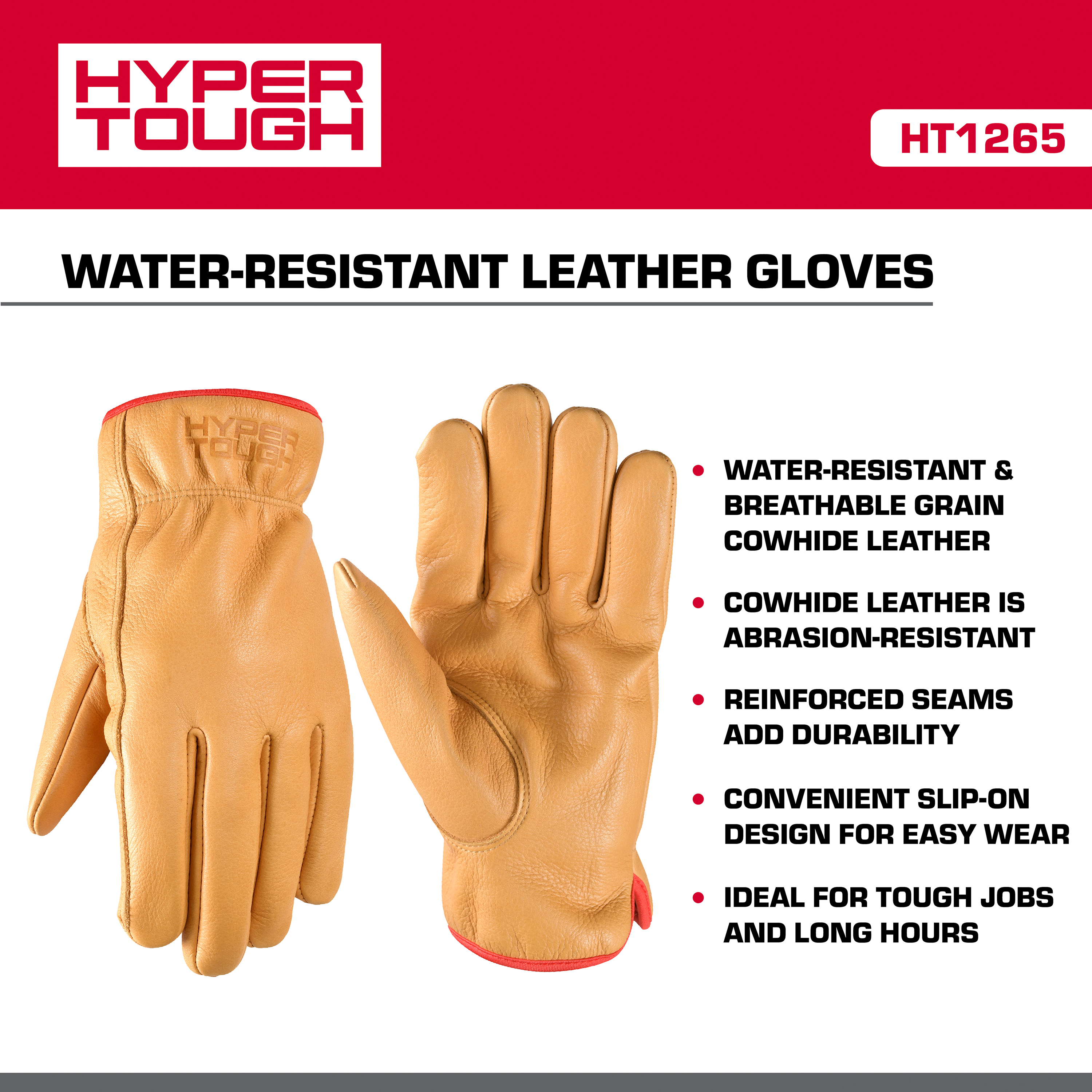 Hyper Tough Men's Cowhide Leather Work Gloves Brown Large photo 2