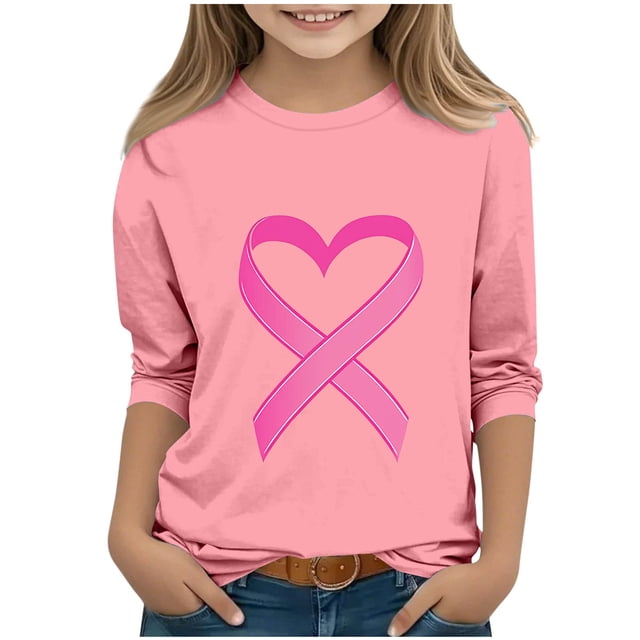 YUNAFFT T-Shirts à Col Rond pour Enfants Sensibilisation au Cancer du Sein Imprimé Manches 3/4 et Longues