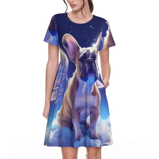 Easygdp Night Sky Winged French Bulldog para Vestido Transpirable de Mujer, Vestido Suelto de Manga Corta con Pliegues y Bolsillos para el Verano