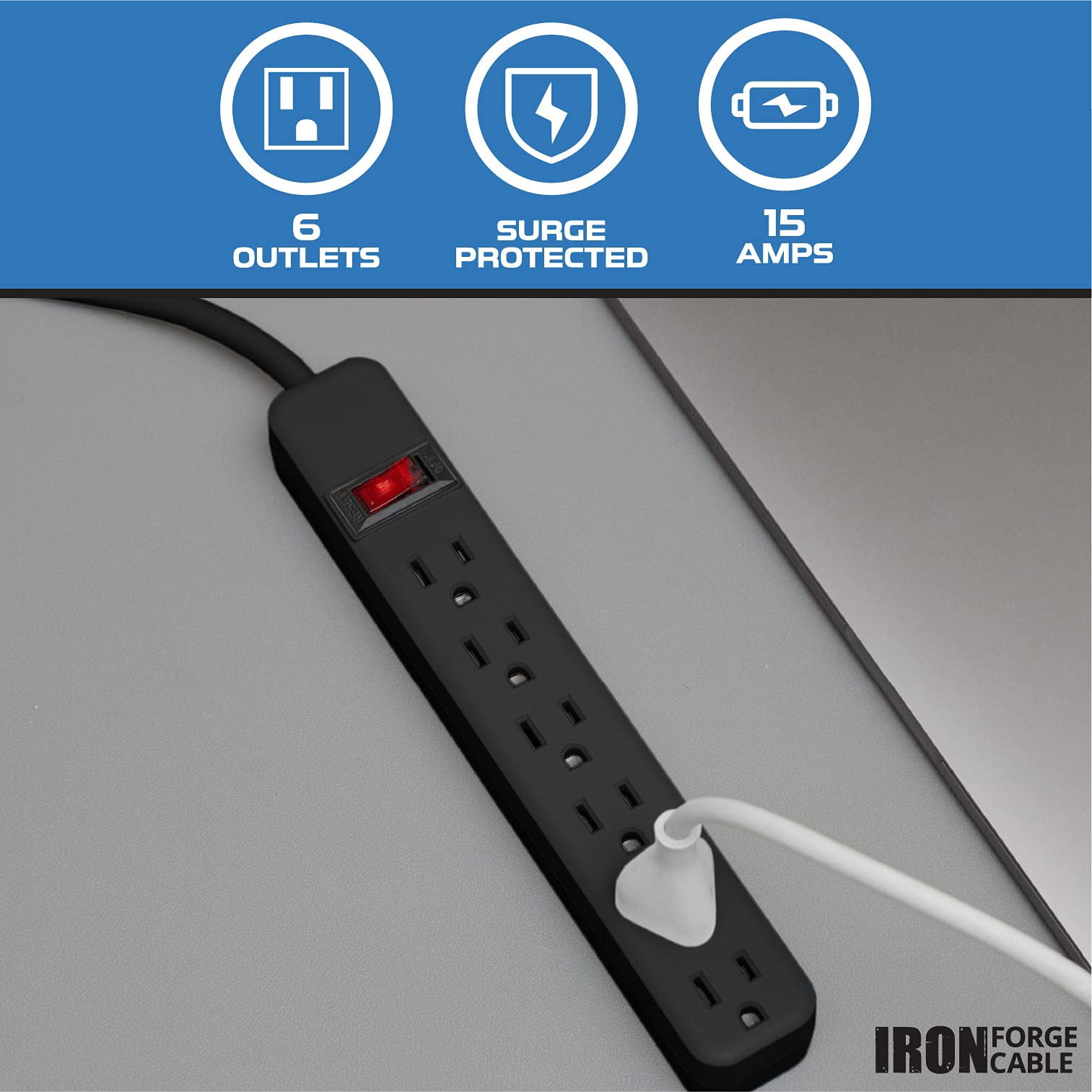 6 Outlet Surge Protector Power Strip - 14/3 SJT Black Surge Suppressor with 10 Foot Long Extension Cord, 15A/1875W, ETL Listed