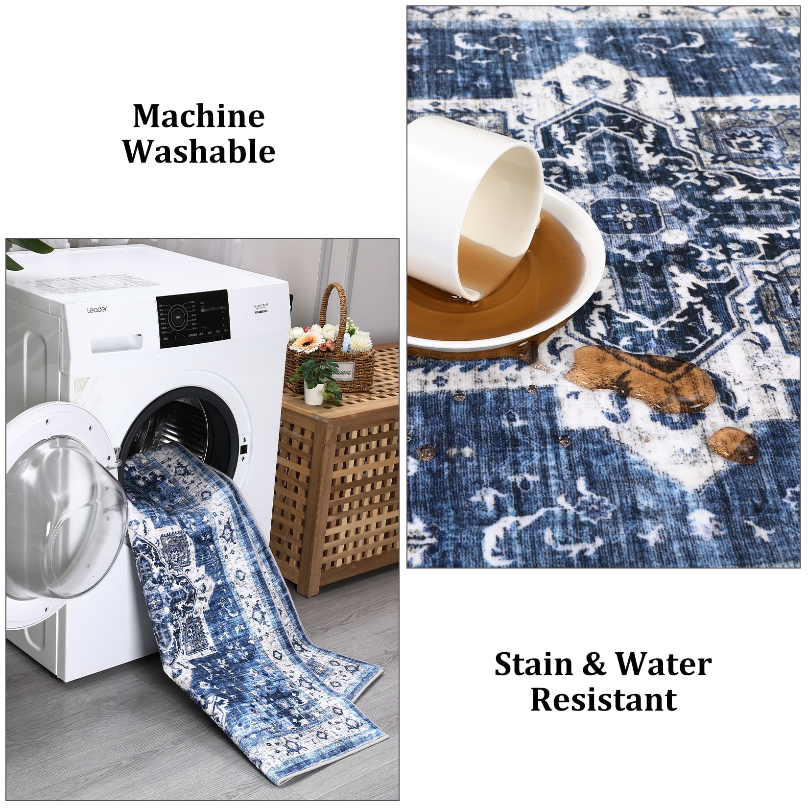 Hasoo Area Rug 4' x 6' Machine Washable Area Rug Indoor Vintage Rug 4' x 6' Persian Rug Bohemian Area Rug for Living Room Bedroom, Blue