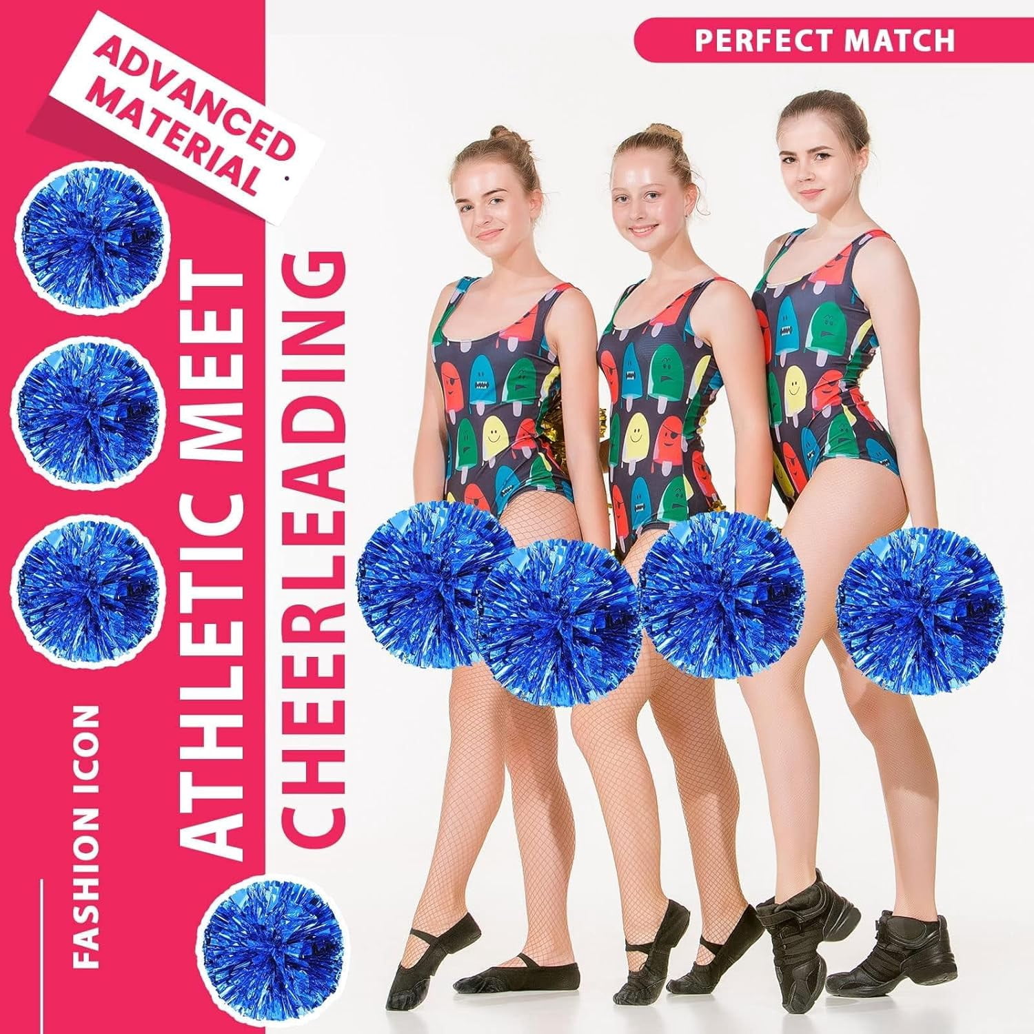 Zhangyh Pom Poms Cheerleading,Fluffy Cheerleader Pompoms with Finger Ring Handle,Metallic Pom Poms Cheerleading for Celebration (Blue, 4 Pack)