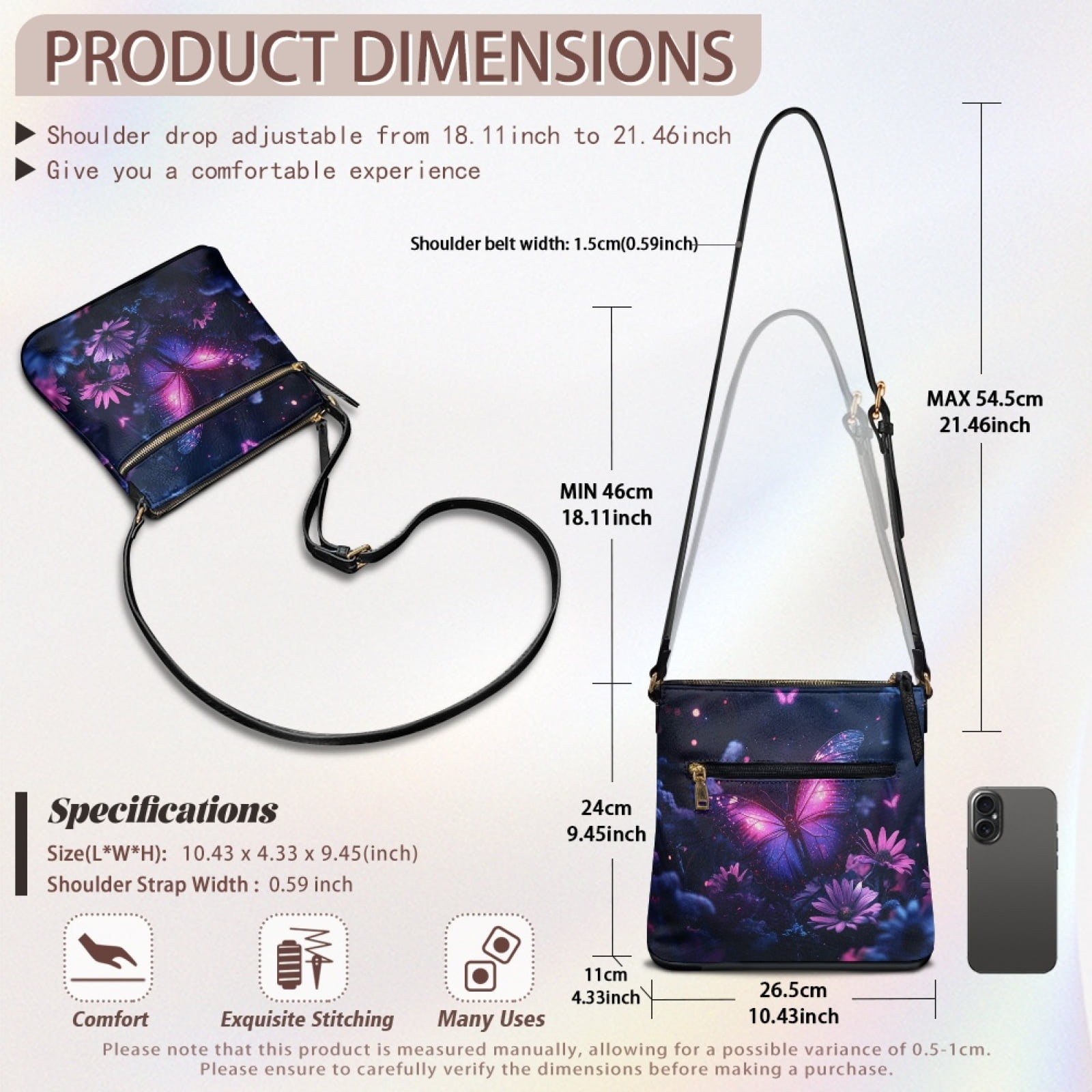 LedBack Butterfly Print Crossbody Bags for Women Leather Cross Body Purses Shoulder Bag Medium Size Satchel Purse Hobo Bag with Zipper Pocket, Purple