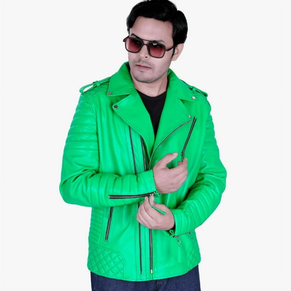 Mens Genuine Lambskin Neon Green Leather Jacket Quilted Stylish Jacket
