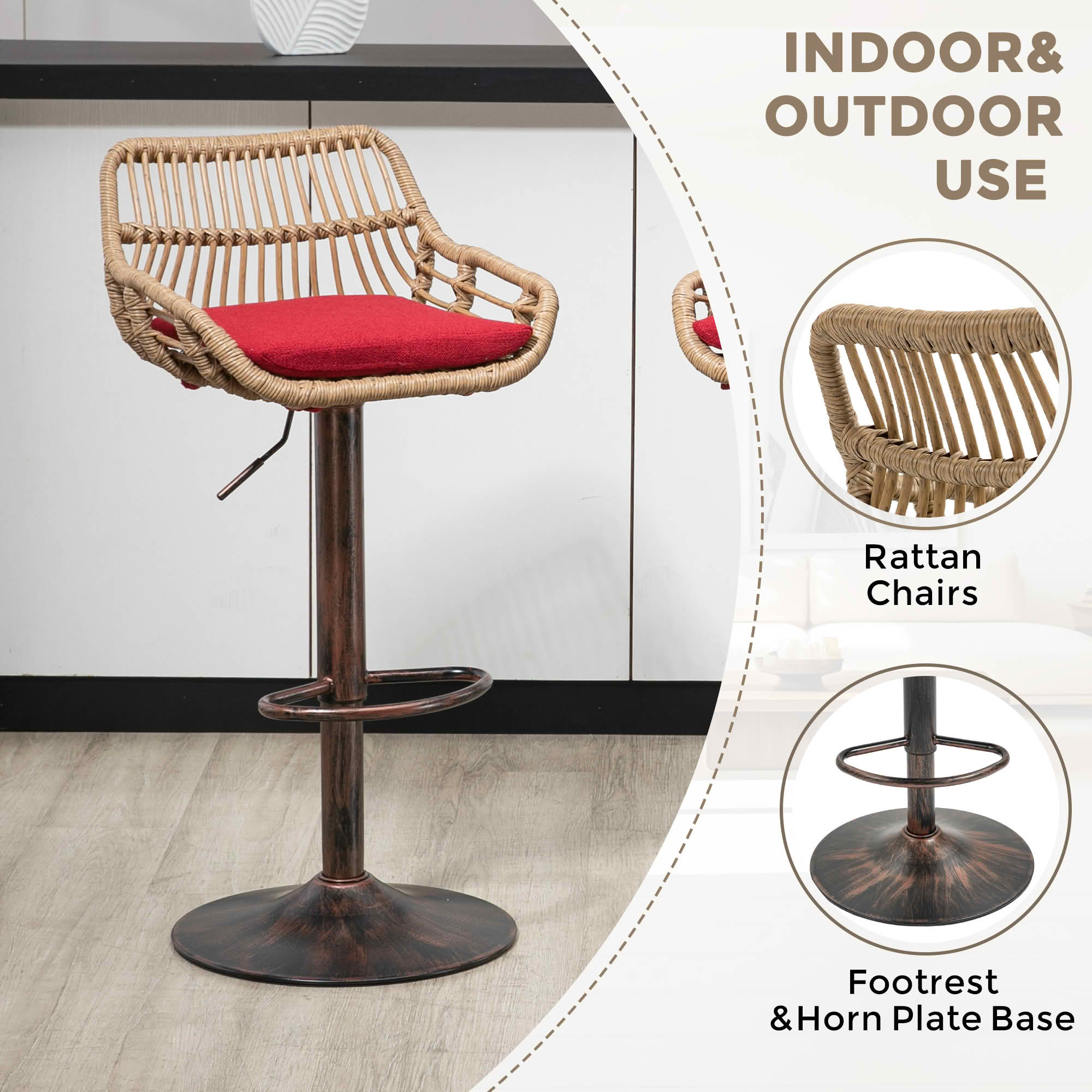 MAYEERTY Swivel Bar Stools Set of 2, Adjustable Height Chairs with Footrest, Linen and PE Rattan Back, Red