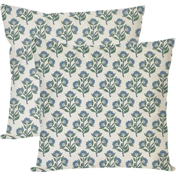 Block Print Throw Pillow Covers 18x18 Inch Set of 2 Vintage Blue Floral Boho Outdoor Farmhouse Spring Summer Decorations Decorative Throw Pillows Cases for Home Bed Living Room Couch Decor