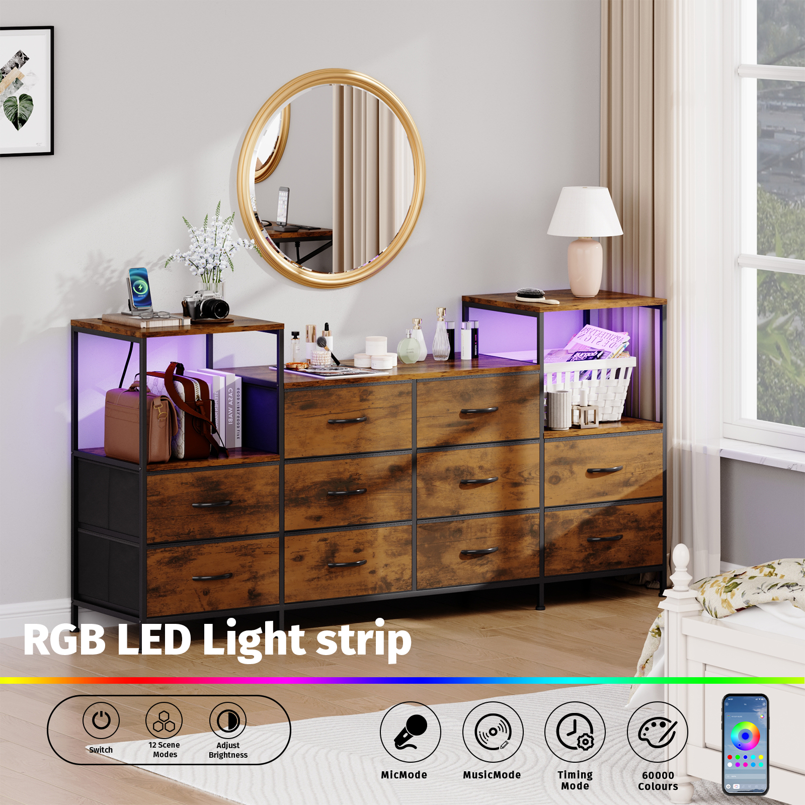 TV Stand for TV up to 57" with LED light,10 Drawers, Charging Station,Storage Cabinet with Adjustable Feets for Living Room
