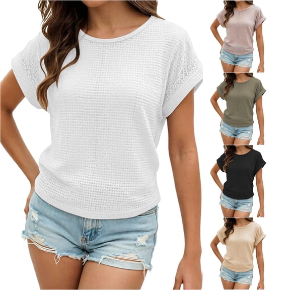 CAIVO Women Shirts Casual Summer Round Neck Knit Lace Hollow Out T Shirt Short Sleeve Solid Color Holiday Tops