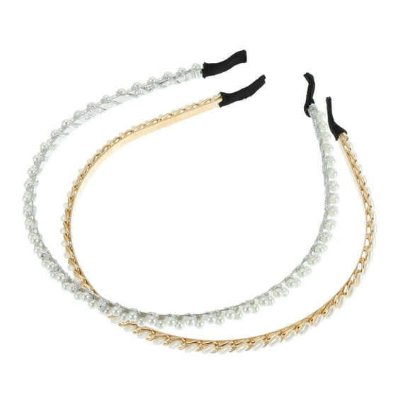 2 Pcs Faux Pearl Headbands Hair Accessories Headbands for Women Girl Gold Tone Silver Tone 5.12"x0.2"