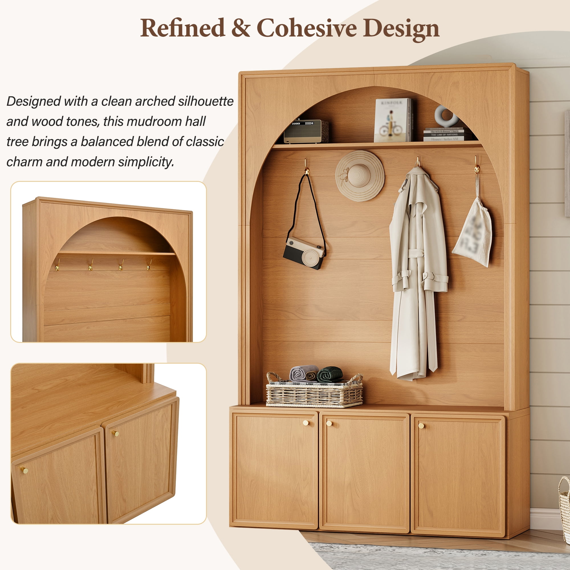Homy Casa 48.7" Modern Arched Hall Tree with Coat Hooks & Hidden Shoe Cabinet, Natural Oak