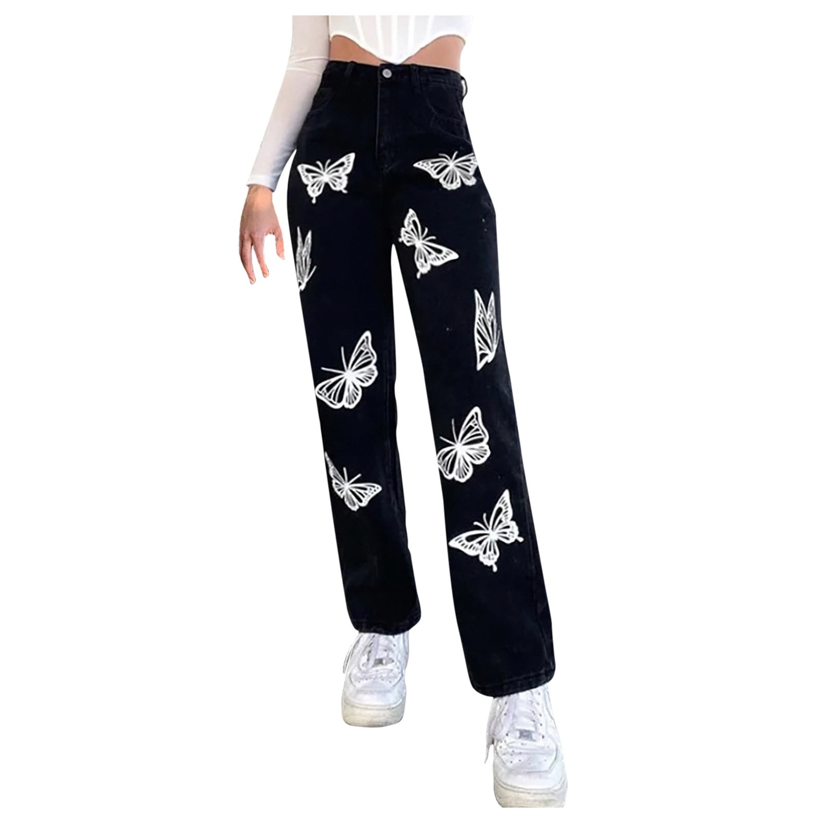 DPTALR Women's Fashion Butterfly Print HighRise Slim StraightLeg