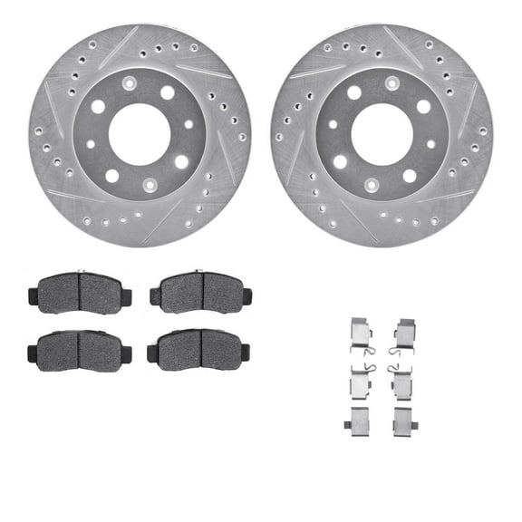 Dynamic Friction Company Front Brake Rotors-Drilled and Slotted-Silver with 5000 Advanced Brake Pads includes Hardware 7512-59002