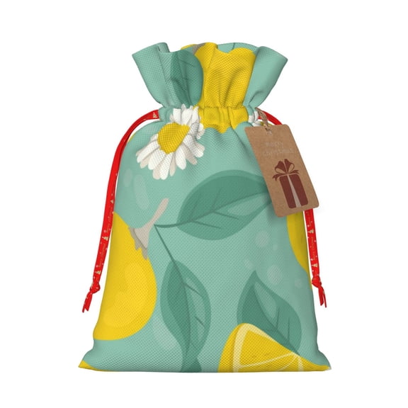 Naloa Lemons Chamomile Flowers And Leaves Drawstring Christmas Bags, 3D Xmas Gift Bags, Christmas Wrapping Bags, Xmas Goodie Bags, Treat Pouch Bags, Party Favor Bags-Small