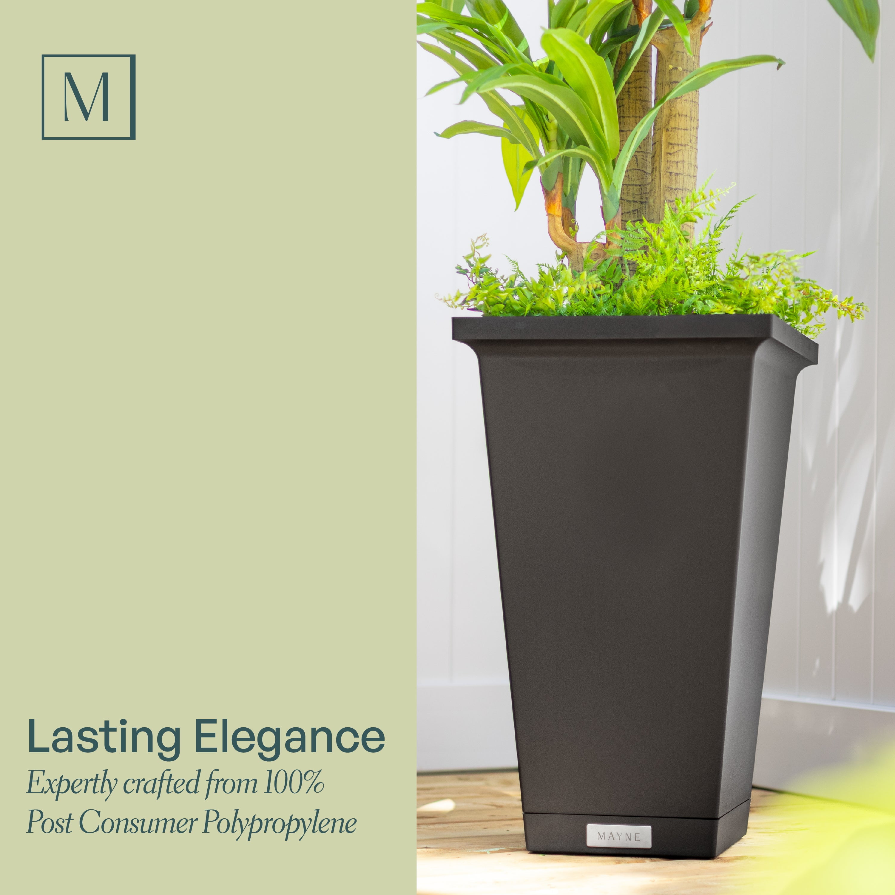 Mayne Evolve 14.5" x 14.5" x 24" Square Black Plastic Planter with Drip Tray