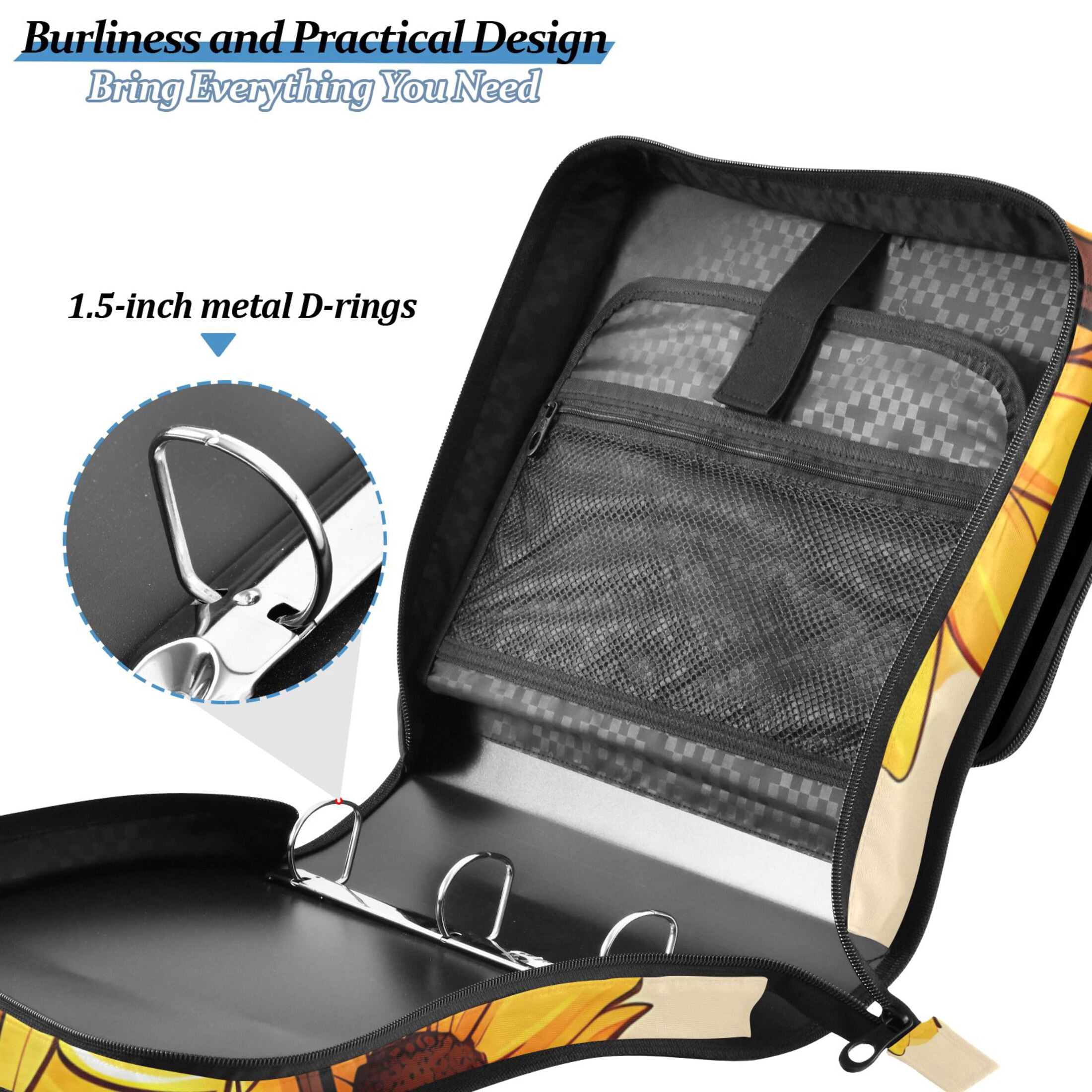 3 Ring Zipper Binder with Shoulder Strap Waterproof Trapper Keeper 2 Inch D-Ring 500 Sheets Capacity Sunflowers Honey Jars Bee