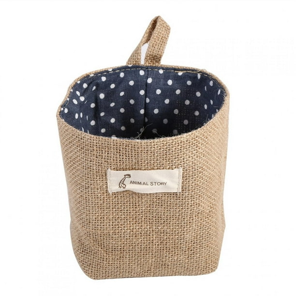 Cesta colgante de lino y algodón, organizador de almacenamiento para el hogar, cesta plegable con lunares azules.