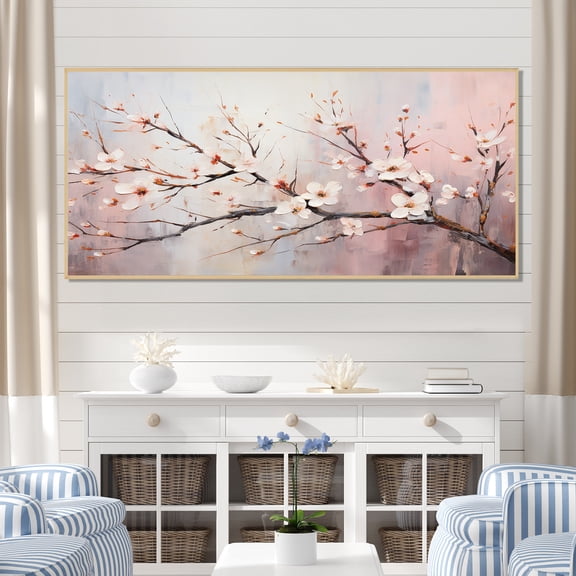 Designart "Cherry Blossom Tree in Pink and White II" Extra Large Floral Framed Wall Art - Traditional Pink Cherry Hallway Framed Wall Art Decor